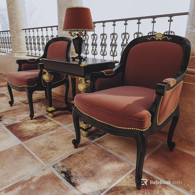 Red Upholstered Lounge Chairs With Black Frames Gold Accents And Side Table On Tile Flooring 3d model 