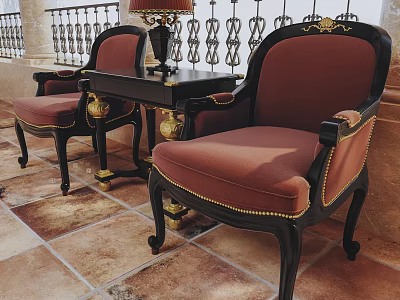 Red Upholstered Lounge Chairs With Black Frames Gold Accents And Side Table On Tile Flooring 3d model