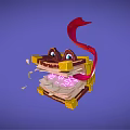 Cartoon Open Book With Eyes Red Ribbon Pink Glowing Wise Broken Pages And Paper Pieces