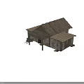 Ancient Building With Wooden Structure Old Style Roof Plank Walls And Wooden Cart Wheel