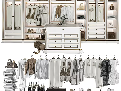 Modern Organized Wardrobe Interior With Hanging Clothes Drawers Shoes And Storage Bags 3d model