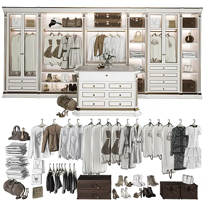 Modern Organized Wardrobe Interior With Hanging Clothes Drawers Shoes And Storage Bags 3d model