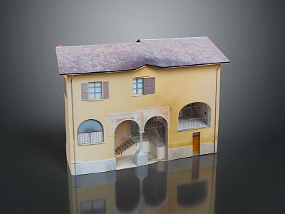 European Style Yellow Two Story House Model With Red Tile Roof Arched Windows And Steps 3d model