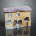 European Style Yellow Two Story House Model With Red Tile Roof Arched Windows And Steps