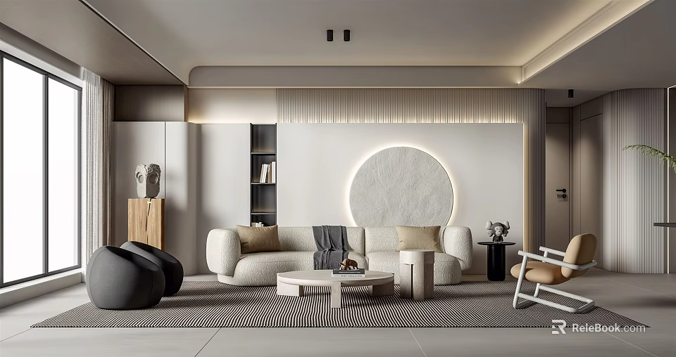 Modern Living Room Interior With Round Decor Sofa Coffee Table And Soft Lighting 3d model