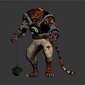 Tiger Humanoid Character With Red Claws Chain Yin Yang Symbol Beige Pants Holding Mace