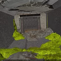 Abandoned Bunker Interior With Rusty Iron Door Green Moss And Rubble