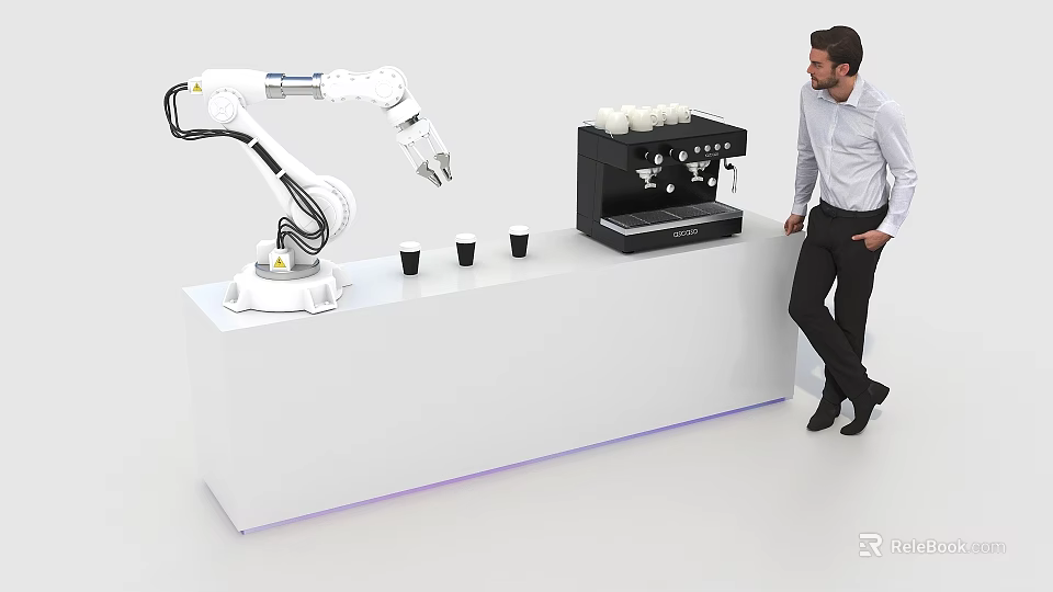 Smart Robotic Arm Preparing Coffee On White Counter With Coffee Machine Cups And Man 3d model