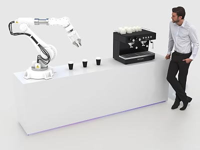 Smart Robotic Arm Preparing Coffee On White Counter With Coffee Machine Cups And Man 3d model