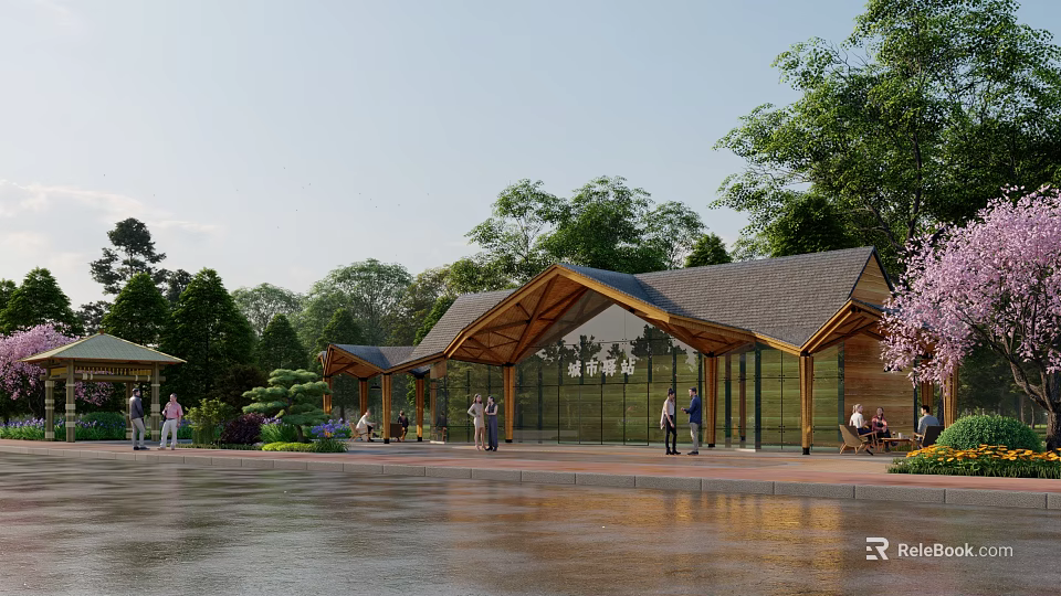 Waterfront Outdoor Pavilion With Wooden Roof Glass Walls And Lush Greenery 3d model 