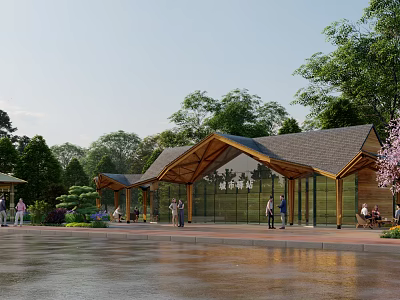 Waterfront Outdoor Pavilion With Wooden Roof Glass Walls And Lush Greenery 3d model