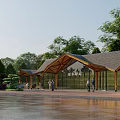 Waterfront Outdoor Pavilion With Wooden Roof Glass Walls And Lush Greenery