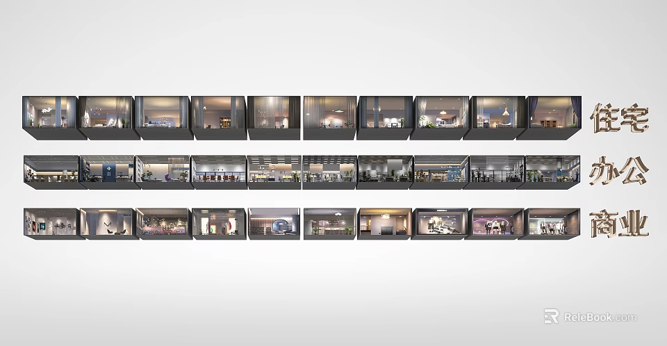 Neatly Arranged Shop Windows Showcasing Various Product Displays And Lighting 3d model 