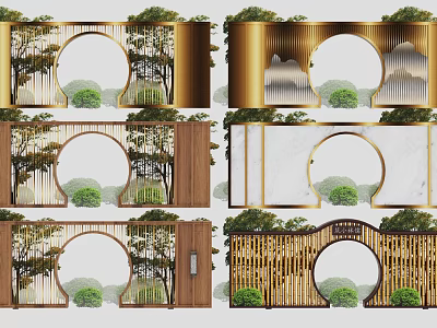 Traditional Courtyard Garden Design With Circular Archway And Wooden Metal Marble Screens 3d model