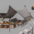 Camping Tents With Multiple Designs Tables Chairs Balloons And Animal Sculptures Setup