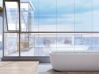 Modern Hotel Room With Glass Walls White Bathtub And Scenic Window View 3d model