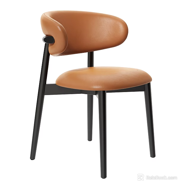 Modern Brown Leather Single Chair Featuring Curved Backrest And Black Wooden Legs 3d model 