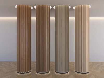 Four Different Colored Columns With Vertical Stripes Against Light Wall Wooden Floor And Ceiling Lights 3d model