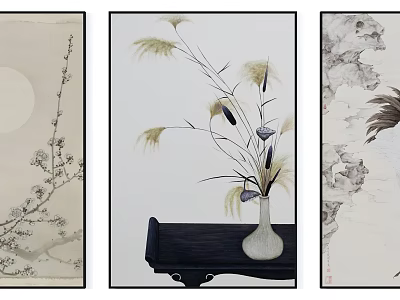 Traditional Chinese Ink Paintings Featuring Plum Blossom Reed and Animal Artwork 3d model