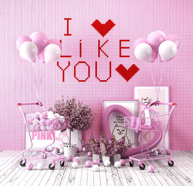 Pink Decor Setup With I LIKE YOU Lettering Red Hearts Balloons Shopping Carts And Purple Flowers 3d model 