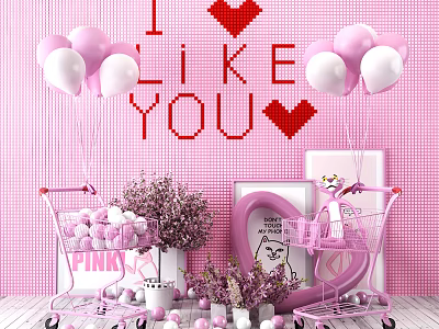 Pink Decor Setup With I LIKE YOU Lettering Red Hearts Balloons Shopping Carts And Purple Flowers 3d model