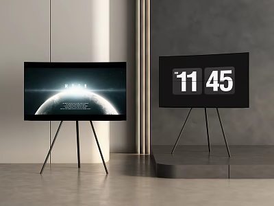 Two TVs on Tripod Stands Showing Planet Image HOME Text and 11 45 Time 3d model