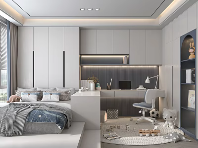 Cozy Tatami Bedroom Interior With Built in Cabinets Study Desk And Soft Lighting 3d model