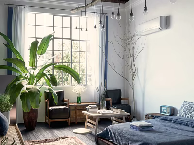 Hotel Room Interior With Large Window Hanging Lights Green Plant And Blue Bedding 3d model
