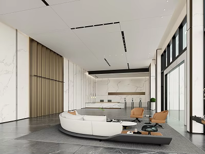 Contemporary Lobby Interior With White Sofa Brown Chairs Marble Walls Large Windows And Wooden Panels 3d model