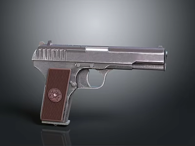 Classic Silver Handgun With Brown Grip And Metallic Body Design Features 3d model