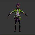 Other Stylized 3D Character Model With Pink Hair Green Jacket Purple Pants Goggles Utility Belt