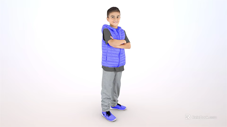 Boy In Blue Vest Gray Pants And Blue Shoes With Arms Crossed Against White Background 3d model 