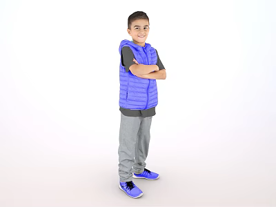 Boy In Blue Vest Gray Pants And Blue Shoes With Arms Crossed Against White Background 3d model