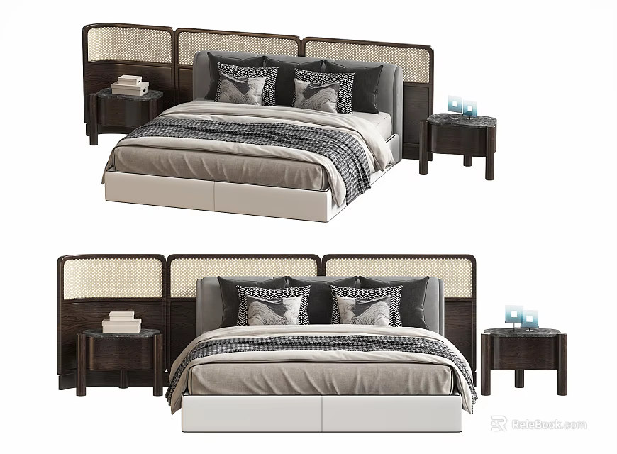 Modern Double Bed Design With Wicker Headboard Gray Bedding And Nightstands 3d model
