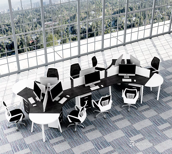 Modern Open Office Workspace With Multiple Desks Computers White Black Chairs Large Windows Trees 3d model 