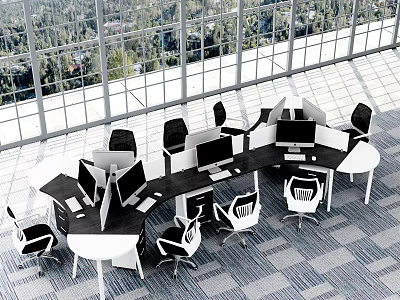 Modern Open Office Workspace With Multiple Desks Computers White Black Chairs Large Windows Trees 3d model