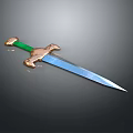 Ornate Weapon Sword With Golden Hilt Green Handle Sharp Silver Blade On Dark Background
