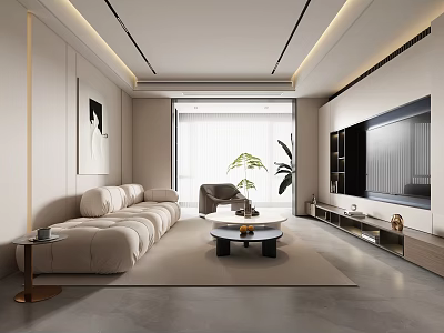 Modern Living Room Interior With Beige Sofa Coffee Table And TV Wall Design 3d model