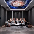 Home Theater Room Interior With Starry Sky Ceiling Dark Walls And Brown Leather Seats
