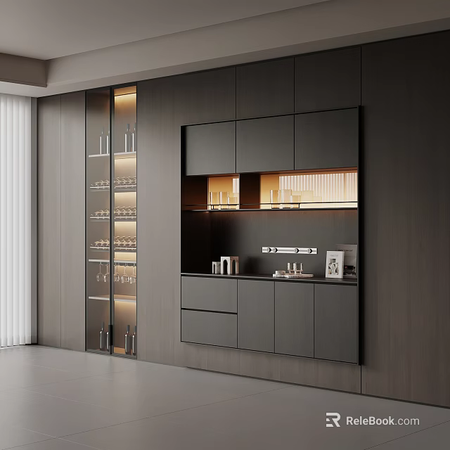 Modern Wine Cabinet With Glass Door LED Lighting And Wooden Storage Shelves 3d model 