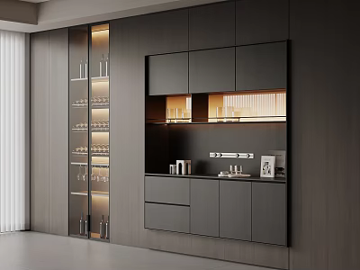 Modern Wine Cabinet With Glass Door LED Lighting And Wooden Storage Shelves 3d model