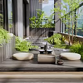 Modern Home Balcony With Green Plants Stone Path Water Feature And Glass Railing