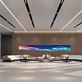 Modern Minimalist Office Front Reception Area With Stylish Linear Ceiling Lighting And Corporate Logo Wall