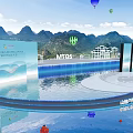 Outdoor Stage With Hot Air Balloons Mountain Landscape VTOS Logo And Water Pool