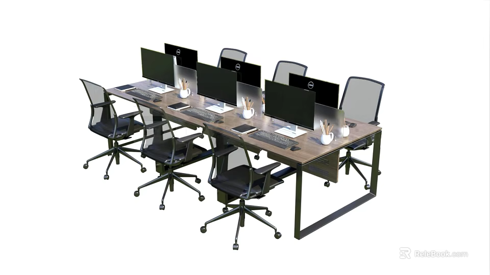 Long Office Desk Featuring Multiple Computer Monitors Ergonomic Office Chairs Pens And Cups 3d model