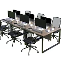 Long Office Desk Featuring Multiple Computer Monitors Ergonomic Office Chairs Pens And Cups 3d model