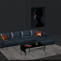 Blue Leather Sectional Sofa With Orange Cushions Coffee Table And City View 3d model