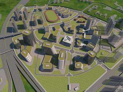 Urban City Aerial View Planning With High Rise Buildings Green Spaces Sports Field And Roads 3d model