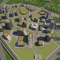 Urban City Aerial View Planning With High Rise Buildings Green Spaces Sports Field And Roads