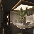 Minimalist Store Front Desk With Metallic Texture Marble Countertop Wooden Backdrop And Lighting Design